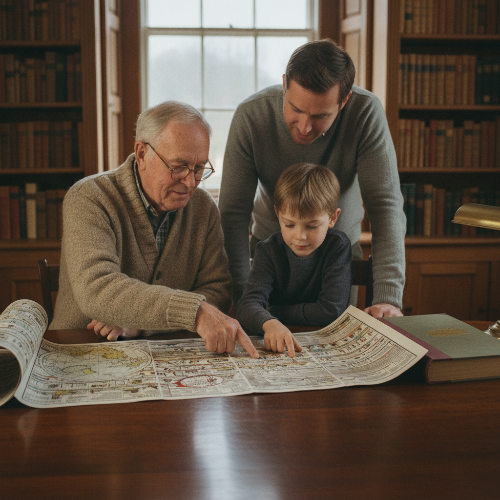 A grandfather, his son and a young boy reading the chart together in a book-lined study
