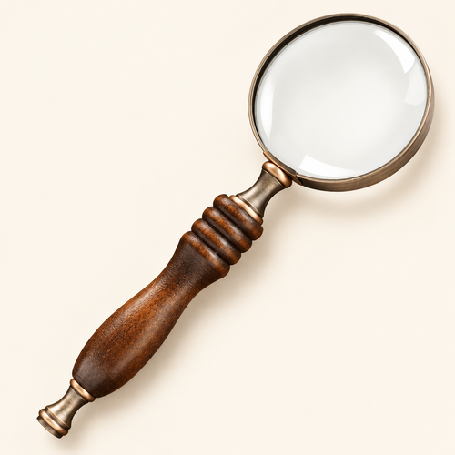 A turned wooden hand magnifier with a brass rim