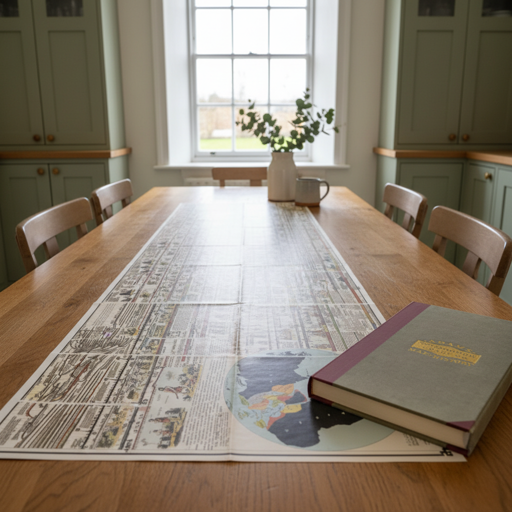 The chart opened out along the full length of an oak kitchen table, the closed hardback beside it